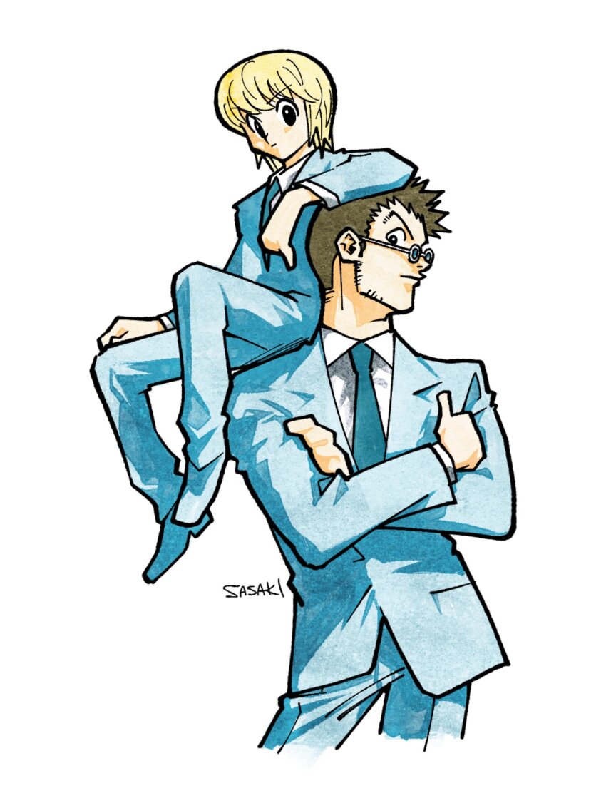 2boys black_eyes blonde_hair blue_necktie blue_suit brown_hair crossed_arms formal_clothes full_body highres hunter_x_hunter kurapika leorio_paladiknight long_sleeves looking_at_viewer male_focus multiple_boys necktie round_eyewear sasaki_koguma shirt short_hair simple_background sitting sitting_on_person spiked_hair standing suit sunglasses white_background white_shirt