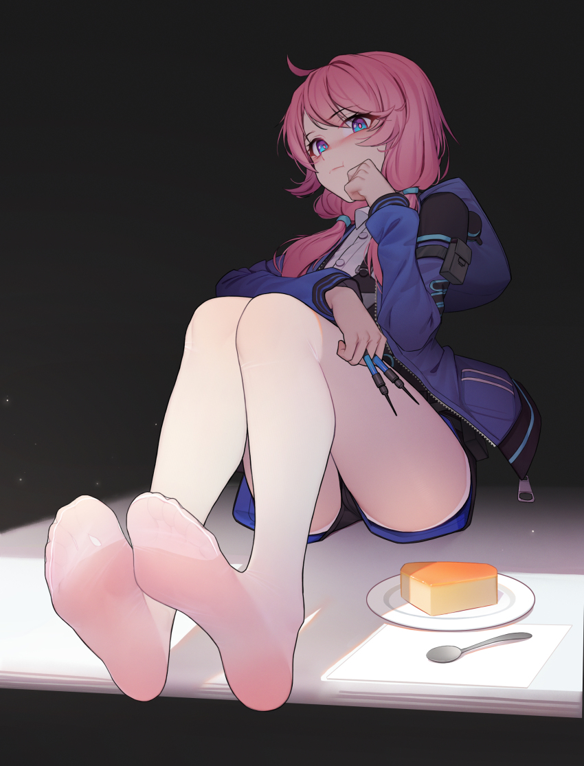 1girl :t absurdres arknights ass between_fingers black_shorts blue_eyes blue_jacket blue_poison_(arknights) cake cake_slice dart feet food foot_focus foreshortening hair_over_shoulder hand_up highres holding hood hood_down hooded_jacket jacket jiachong_jun_z knees_up long_hair long_sleeves looking_at_viewer low_twintails pantyhose pink_hair plate shirt short_shorts shorts sitting solo thighs twintails white_pantyhose white_shirt