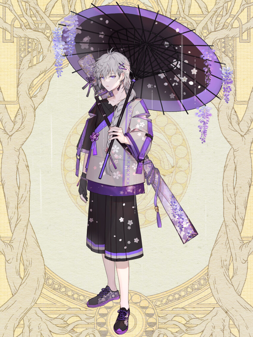 1boy bead_bracelet beads belt black_gloves black_shirt black_shoes black_shorts black_umbrella bracelet braid cherry_blossom_print closed_mouth clothing_cutout dairoku_ryouhei earrings expressionless floral_print flower flower_knot full_body gloves grey_hair grey_jacket hair_behind_ear hair_between_eyes hair_flower hair_ornament hair_over_shoulder hairclip hakama hakama_shorts highres holding holding_umbrella jacket japanese_clothes jewelry kanai_hinowa long_hair male_focus oil-paper_umbrella partially_fingerless_gloves purple_belt purple_eyes purple_flower shichimi shirt shoes shorts sideways_glance single_braid single_glove single_sleeve sneakers solo standing t-shirt tassel tassel_earrings tassel_hair_ornament umbrella umbrella_flower weapon weapon_bag weapon_on_back wisteria wisteria_print x_hair_ornament yellow_background