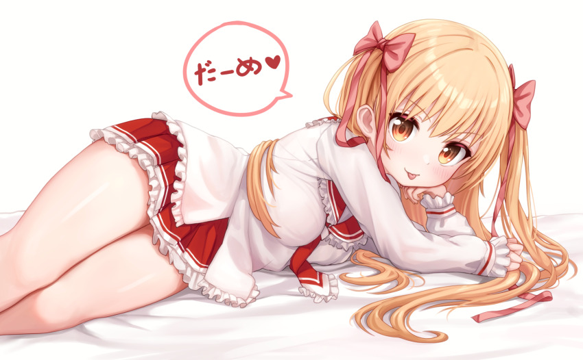 1girl ascot bed_sheet blonde_hair blush breasts collar commission comodox frilled_collar frilled_shirt frilled_skirt frilled_sleeves frills hand_on_own_face heart hidan_no_aria highres long_hair long_sleeves looking_at_viewer lying medium_breasts mine_riko on_side orange_eyes pink_ribbon pleated_skirt red_skirt ribbon shirt skirt spoken_heart tongue tongue_out twintails