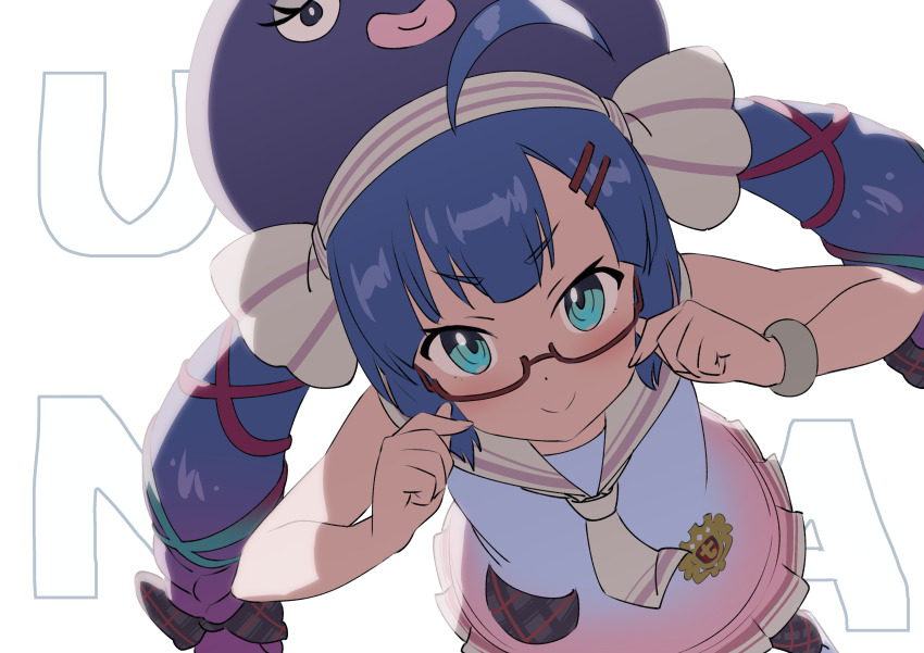 1girl :&gt; absurdres ahoge aqua_eyes backlighting bare_shoulders blue_hair blue_shirt bow braid character_name collared_dress commentary dress eel_hat from_above glasses gradient_hair hair_bow hair_ornament hairclip hands_on_own_cheeks hands_on_own_face highres large_hat long_hair looking_at_viewer multicolored_hair otomachi_una otomachi_una_(talkex) plaid_bow pleated_dress purple_hair purple_headwear red-framed_eyewear sailor_collar school_uniform semi-rimless_eyewear shirt sleeveless sleeveless_dress smile solo talkex tarokazu twin_braids two-tone_hair very_long_hair vocaloid voiceroid white_background