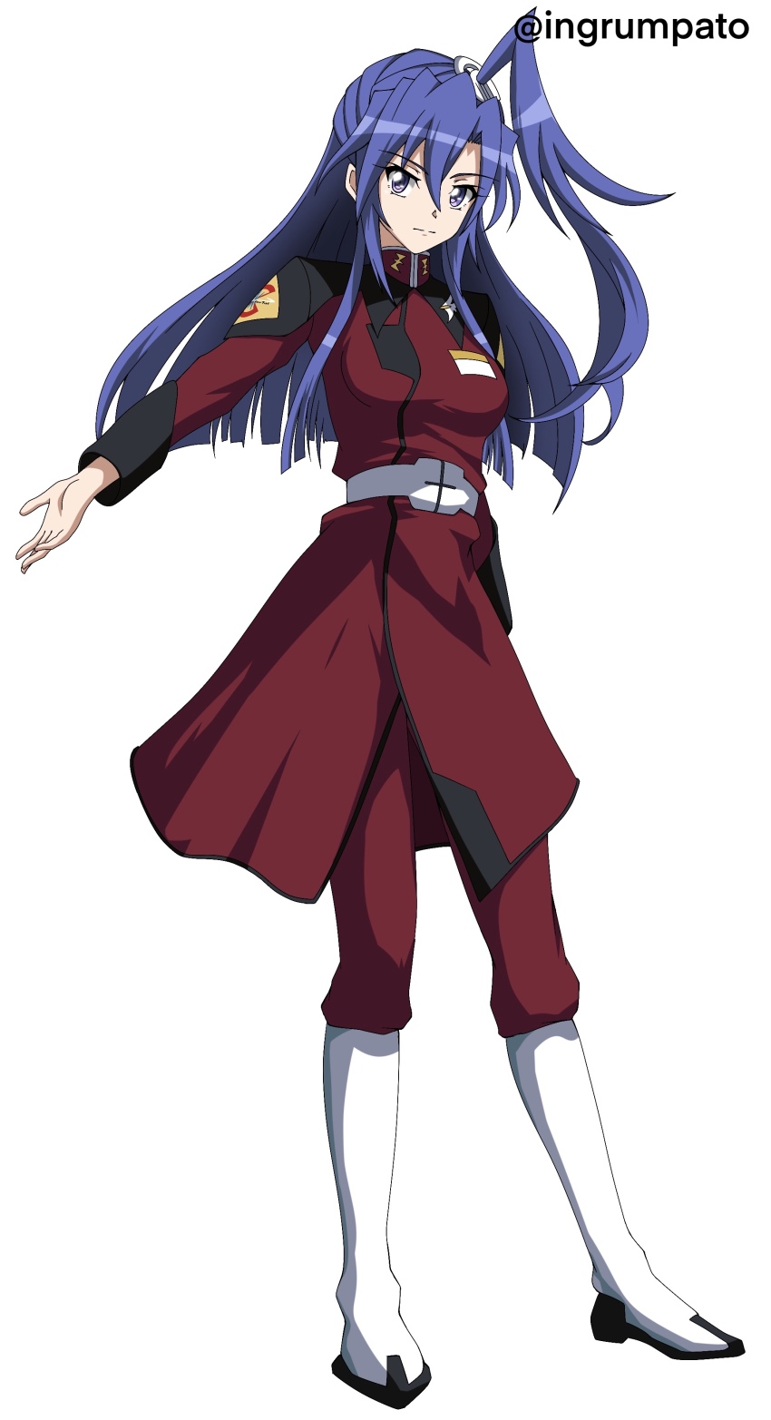 1girl absurdres athrun_zala athrun_zala_(cosplay) blue_eyes blue_hair boots closed_mouth cosplay frown full_body gundam gundam_seed hair_between_eyes high_ponytail highres jacket kazanari_tsubasa knee_boots kyomeihibiki long_hair long_sleeves looking_at_viewer military_uniform pants ponytail red_jacket red_pants senki_zesshou_symphogear side_ponytail simple_background solo standing twitter_username white_background white_boots