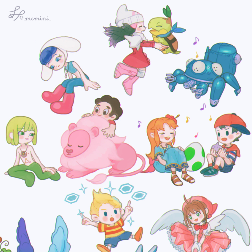 4boys 4girls black_hair blue_dress boots brown_hair cardcaptor_sakura casting_spell chroniko coat curly_hair dated dress egg fi_(zelda) flower gen_4_pokemon ghost_in_the_shell green_hair green_pants hat hibiscus highres holding holding_instrument instrument kaeru_no_tame_ni_kane_wa_naru kaiba kaiba_(character) kinomoto_sakura kinomoto_sakura_(magician) lion lion_(steven_universe) lucas_(mother_3) marin_(zelda) memi_(gamemix) mother_(series) mother_1 mother_3 multiple_boys multiple_girls musical_note nintendo ocarina open_mouth orange_hair pants pink_boots pokemon pokemon_(creature) pokemon_dppt pokemon_platinum red_coat red_footwear red_hat sabure_oukoku_no_ouji sandals shirt sideways_hat signature sitting steven_quartz_universe steven_universe striped_clothes striped_shirt tachikoma the_legend_of_zelda the_legend_of_zelda:_link&#039;s_awakening the_legend_of_zelda:_skyward_sword turtwig white_background white_wings wings