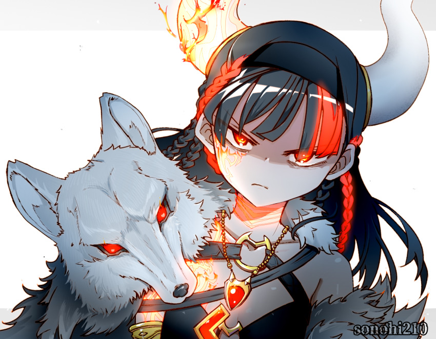 1girl artist_name black_hair black_hairband black_shirt braid closed_mouth commentary_request facial_tattoo gem glaring glowing glowing_hair glowing_tattoo gunhild_(madoka_magica) hairband horns jewelry long_hair looking_at_viewer magia_record:_mahou_shoujo_madoka_magica_gaiden magical_girl mahou_shoujo_madoka_magica multicolored_hair pelt pendant red_eyes red_gemstone red_hair shirt simple_background single_bare_shoulder solo sonohi210 streaked_hair tattoo white_background