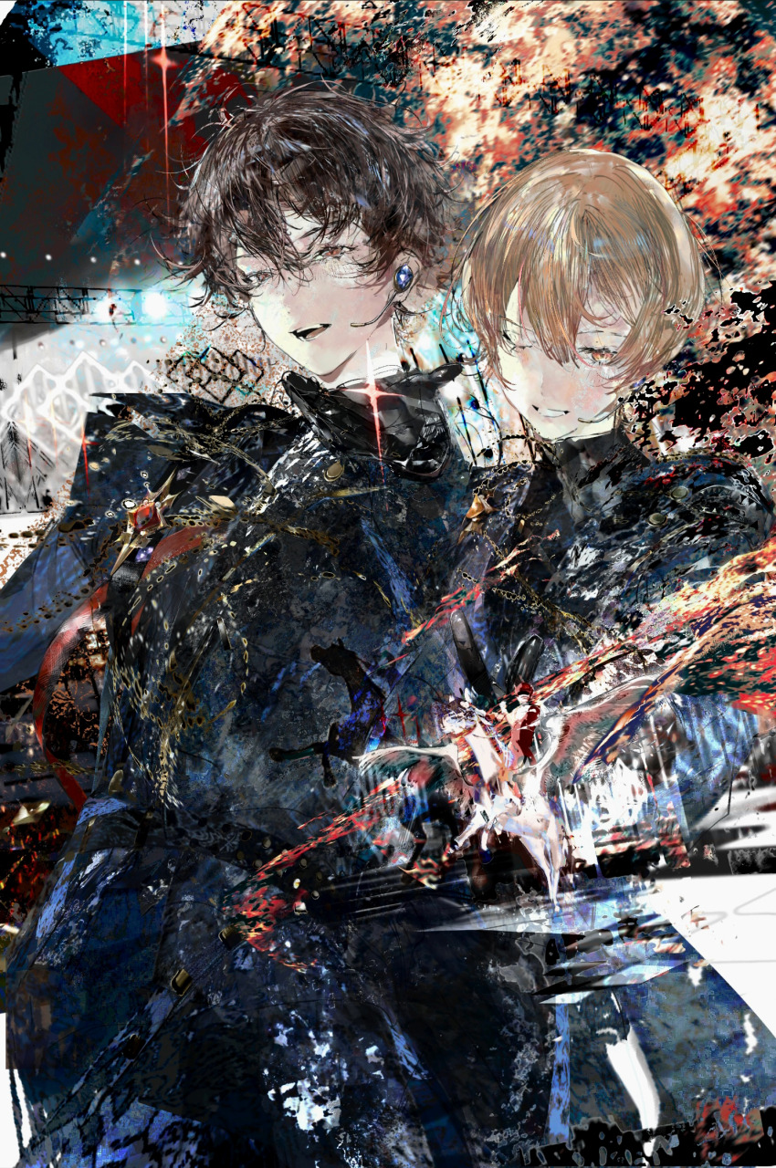 2boys belt black_belt black_gloves black_jacket brown_eyes brown_hair chinese_commentary commentary_request crossover ensemble_stars! gloves hair_between_eyes hand_up highres jacket long_sleeves male_focus microphone morisawa_chiaki multiple_boys necessarytothink one_eye_closed open_mouth orange_eyes project_sekai short_hair smile tenma_tsukasa
