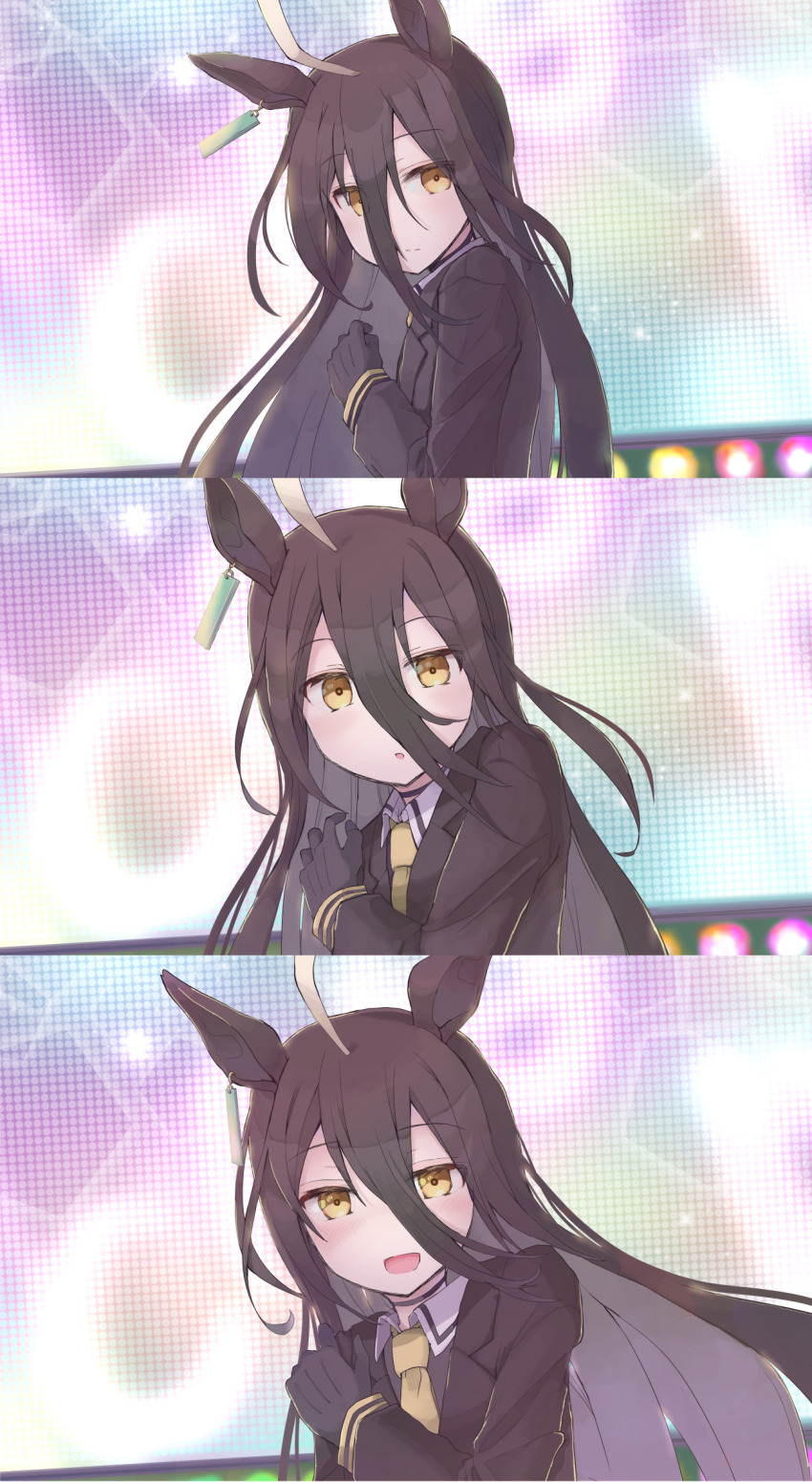 1girl :d :o ahoge animal_ears black_gloves black_hair black_jacket brown_eyes brown_neckwear closed_mouth collared_shirt commentary_request ear_tag gloves hair_between_eyes hand_up highres horse_ears jacket long_hair long_sleeves looking_at_viewer manhattan_cafe_(umamusume) mochiki necktie open_mouth parted_lips shirt smile umamusume very_long_hair white_shirt