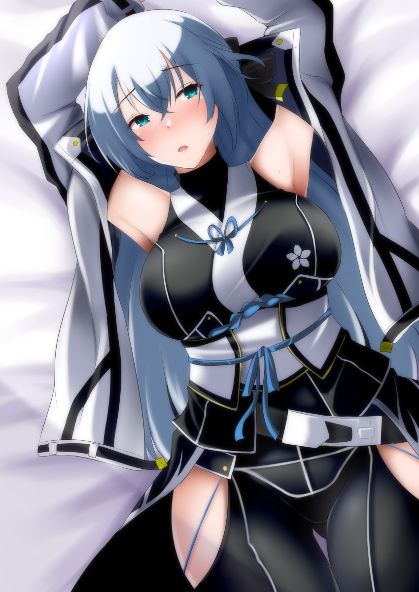1girl absurdres armpits bed bed_sheet blush breasts eiyuu_densetsu green_eyes hair_between_eyes hajimari_no_kiseki highres jacket kuro_no_kiseki_(series) kuro_no_kiseki_i large_breasts long_hair looking_at_viewer on_bed pandacross shizuna_rem_misurugi solo thighhighs white_hair
