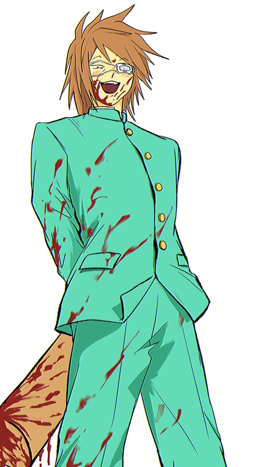 1boy arms_behind_back baseball_bat black_eyes blood blood_on_clothes blood_on_face bloody_weapon brown_hair commentary cowboy_shot eyepatch gakuran highres holding holding_baseball_bat looking_at_viewer male_focus medical_eyepatch randal&#039;s_friends randal_ivory school_uniform short_hair simple_background solo standing symbol-only_commentary uri_ka55 weapon white_background