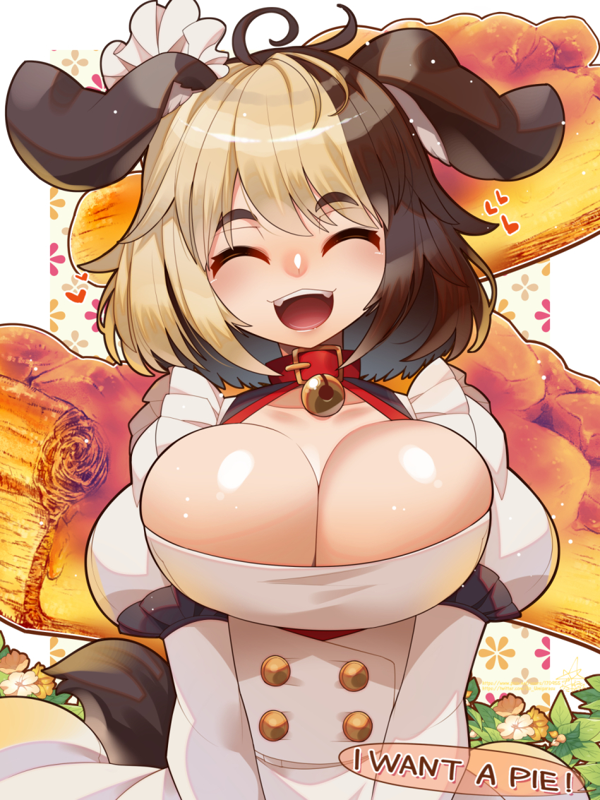 1girl :d ahoge animal_ears bell blonde_hair breasts cleavage closed_eyes commentary_request dog_ears english_text facing_viewer hachiko_of_castling highres large_breasts last_origin multicolored_hair neck_bell open_mouth short_hair short_sleeves smile solo two-tone_hair umigarasu_(kitsune1963) upper_body
