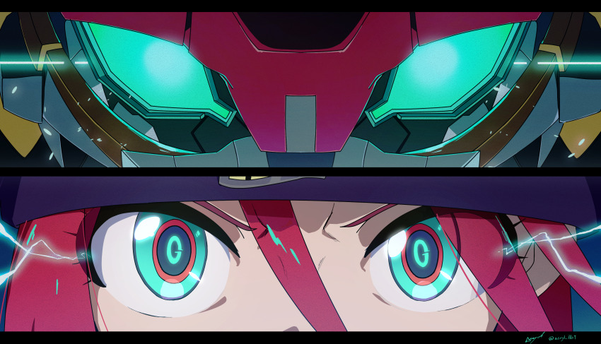 1girl absurdres acryl_(acryl_illust) amate_yuzuriha blue_eyes close-up eye_focus eye_trail frown gquuuuuux gundam gundam_gquuuuuux hair_between_eyes highres letterboxed light_trail looking_at_viewer mecha newtype_flash persona_eyes red_hair ringed_eyes robot symbol-shaped_pupils