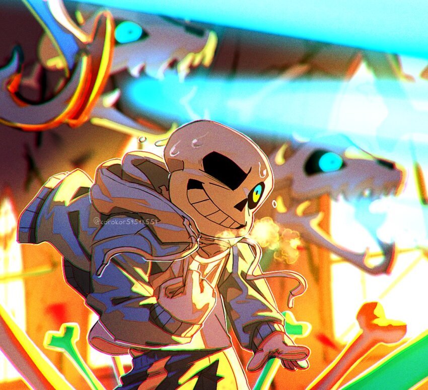 1boy attack battle black_shorts blue_eyes blue_jacket bone fighting_stance gasterblaster gloves glowing glowing_eye glowing_eyes grin hallway hollow_eyes jacket korokor59513559 male_focus sans_(undertale) shorts skeleton smile solo standing teeth undertale white_gloves