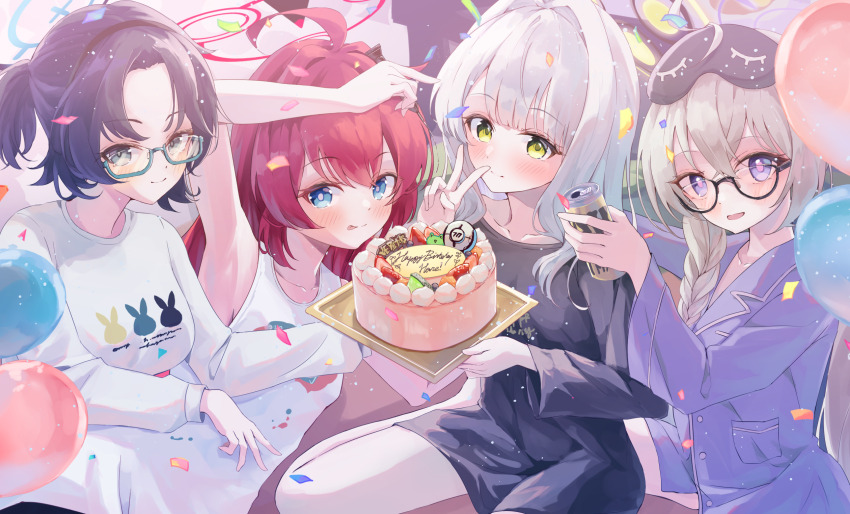 4girls ahoge animal_print balloon birthday_cake black_pajamas black_shirt blonde_hair blue-framed_eyewear blue_archive blue_eyes blue_hair blue_pajamas blue_shirt blue_skirt blush cake can chihiro_(blue_archive) chihiro_(pajamas)_(blue_archive) closed_mouth crossed_bangs drink drink_can food green_eyes happy_birthday hare_(blue_archive) hare_(pajamas)_(blue_archive) highres holding holding_drink holding_food kotama_(blue_archive) kotama_(pajamas)_(blue_archive) long_hair long_shirt looking_at_viewer maki_(blue_archive) maki_(pajamas)_(blue_archive) multiple_girls official_alternate_costume official_alternate_hairstyle open_mouth pajamas parted_bangs pointing pointing_at_another ponytail purple_eyes rabbit_print re_inverse red_hair shirt sidelocks skirt smile tank_top tongue tongue_out v very_long_hair white_hair white_shirt white_tank_top