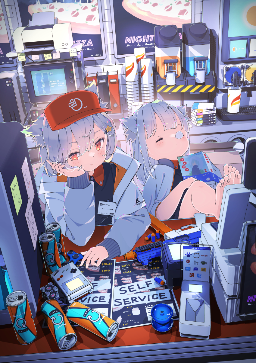2girls absurdres animal_ears aperture_science_weighted_companion_cube arm_support bare_legs barefoot can cube cup disposable_cup drink_can employee_uniform fast_food fast_food_uniform fidget_spinner game_boy game_boy_(original) handheld_game_console highres hoji_(hooooooooji1029) long_sleeves looking_at_viewer medium_hair menu monitor multiple_girls orange_eyes original portal_(series) printer restaurant short_hair silver_hair sleeping soda_can soda_fountain tetris toy_gun visor_cap