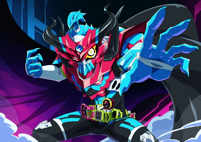 1boy alternate_costume alternate_form armor belt black_bodysuit black_cape blue_armor blue_gloves bodysuit cape contrapposto fantasy foreshortening gamer_driver gloves helmet heterochromia highres hunched_over kamen_rider kamen_rider_brave looking_at_viewer male_focus official_alternate_costume open_hands otokamu red_armor red_eyes rider_gashat skull solo spread_legs standing taddle_fantasy_level_50 tokusatsu yellow_eyes