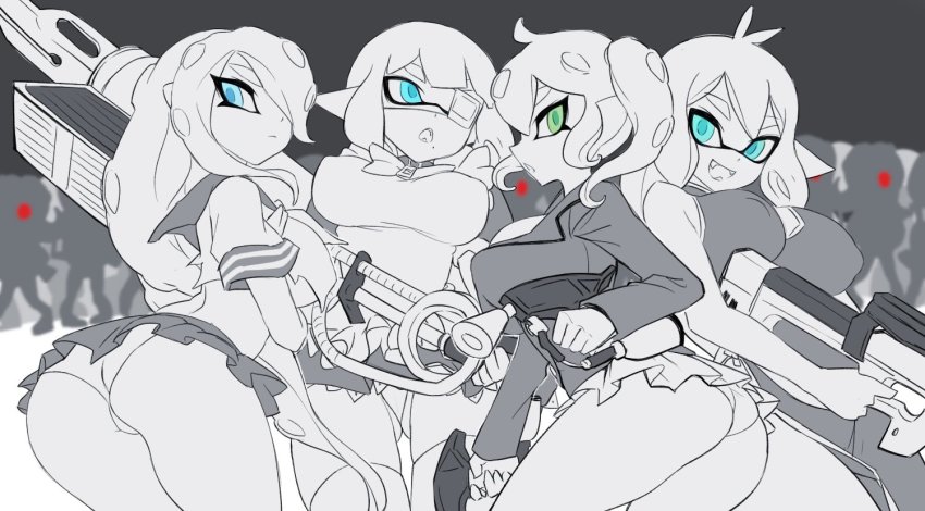 6+girls :d antenna_hair apron ass bad_id bad_twitter_id bare_shoulders blue_eyes breasts closed_mouth copyright_request dual_wielding eyepatch flingza_roller_(splatoon) goo_tuber_(splatoon) green_eyes greyscale hair_over_one_eye hero_shot_(splatoon_2) holding ikkitousen inkling inkling_player_character jtveemo kan&#039;u_unchou large_breasts long_hair long_sleeves mask medical_eyepatch microskirt mole mole_under_mouth monochrome multiple_girls nintendo octoling octoling_player_character open_mouth panties pleated_skirt pointy_ears ryofu_housen ryomou_shimei short_hair short_sleeves skirt smile sonsaku_hakufu splat_dualies_(splatoon) splatoon_(series) spot_color suction_cups takozonesu thighhighs torn_clothes twintails underwear
