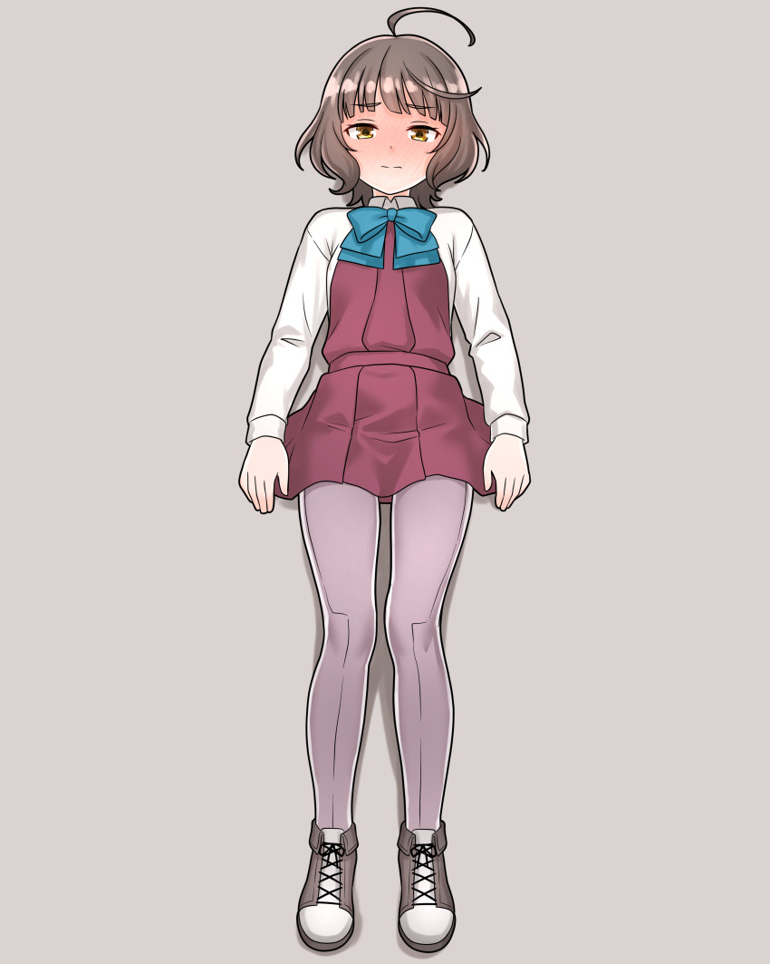 1girl absurdres ahoge aqua_bow aqua_bowtie black_shoes blunt_bangs bow bowtie collared_shirt commentary_request commission cowboy_shot full_body furaggu_(frag_0416) highres kantai_collection kishinami_(kancolle) lying on_back pantyhose pixiv_commission purple_pantyhose shirt shoes short_hair simple_background sneakers solo standing variant_set white_background white_shirt yellow_eyes