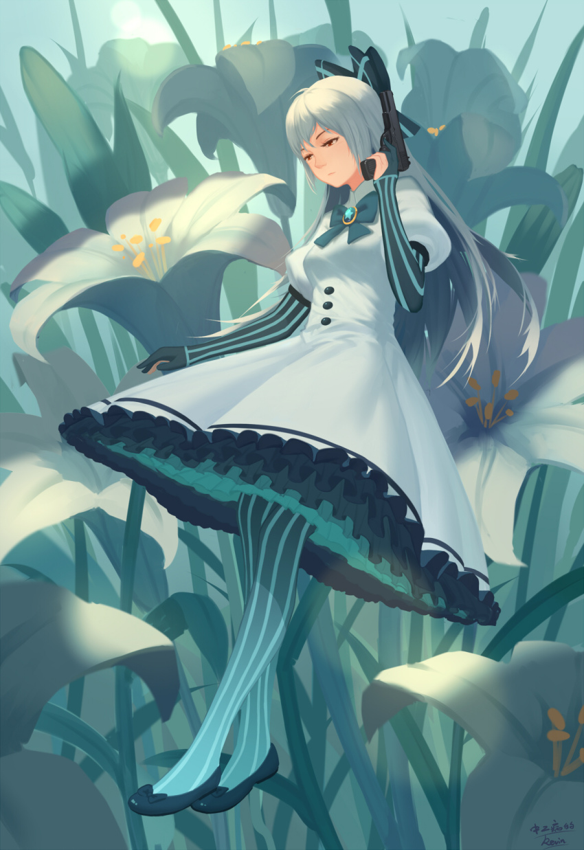 angry aqua_pantyhose buttons choker day dress flats flower footwear_bow full_body garden girls&#039;_frontline gloves gun hair_ribbon handgun highres lily_(flower) long_sleeves pantyhose ribbon ribbon_choker ribbon_shoes striped_clothes striped_gloves striped_pantyhose thighhighs tokarev_(girls&#039;_frontline) tokarev_tt-33 vertical-striped_clothes vertical-striped_gloves vertical-striped_pantyhose weapon white_hair