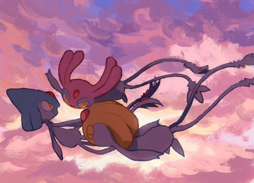 aruco_co azelf closed_mouth cloud cloudy_sky commentary floating forehead_jewel full_body gem gen_4_pokemon legendary_pokemon looking_at_another mesprit multiple_tails nintendo no_humans open_mouth outdoors pokemon pokemon_(creature) sky smile tail uxie yellow_eyes