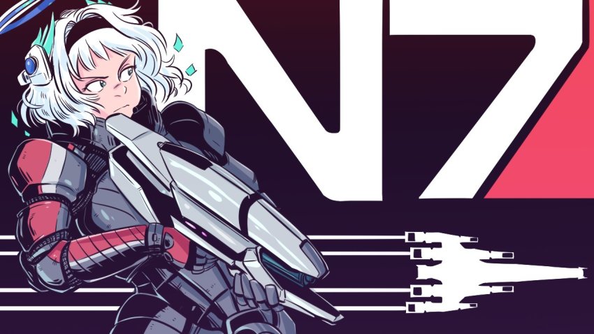 1girl armor black_background black_hairband energy_gun gloves green_eyes grey_gloves grey_hair gun hair_intakes hairband halo holding holding_gun holding_weapon jd_benefield kamishiro_rita mass_effect_(series) mechanical_halo n7_armor power_armor prism_project short_hair solo virtual_youtuber weapon