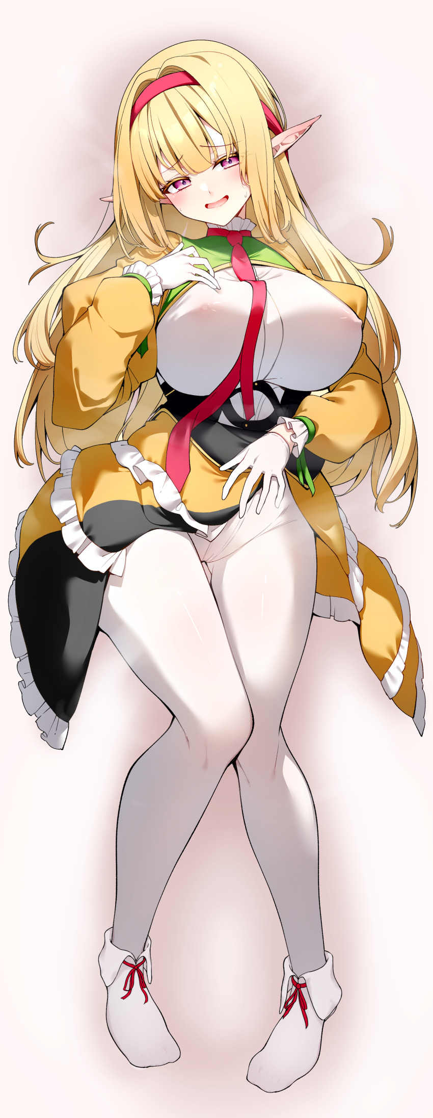 absurdres anonymous_elf blonde_hair commission commissioner_upload covered_erect_nipples darjeeling_(reley) dress feet highres long_hair lying non-web_source orange_dress pantyhose pointy_ears purple_eyes socks white_pantyhose white_socks