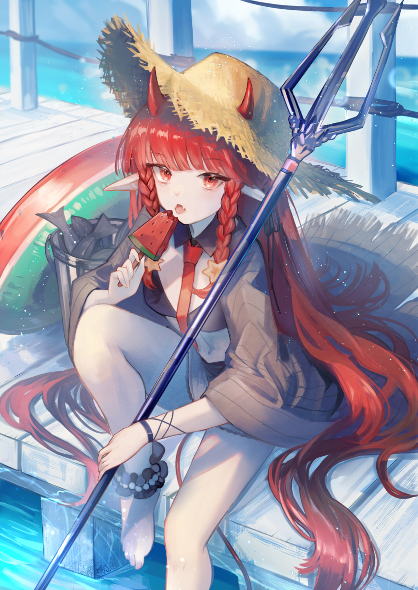 1girl ankle_garter arknights barefoot bikini black_bikini braid breasts brown_hat brown_jacket cloud day demon_horns dock fangs food hat hemorina highres holding holding_food horns horns_through_headwear innertube jacket long_hair looking_at_viewer navel open_clothes open_jacket outdoors polearm popsicle red_eyes red_hair side_braids sitting small_breasts solo spear stomach straw_hat swim_ring swimsuit very_long_hair vigna_(arknights) water watermelon_bar weapon