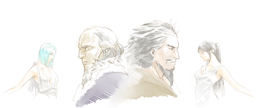 2boys 2girls absurdres arete_(fire_emblem) bavaa beard black_hair blue_hair facial_hair fire_emblem fire_emblem_fates garon_(fire_emblem) grey_hair highres mature_female mature_male mikoto_(fire_emblem) multiple_boys multiple_girls mustache nintendo sumeragi_(fire_emblem)