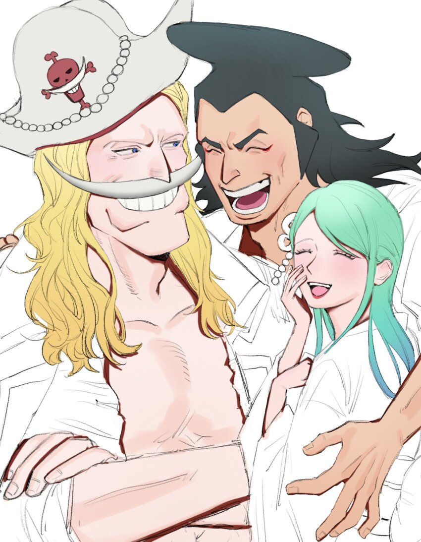 1girl 2boys ^_^ black_hair blonde_hair closed_eyes commentary_request couple crossed_arms edward_newgate eyeliner facial_hair green_hair hat higashida_623 highres kouzuki_oden kouzuki_toki long_hair makeup multiple_boys mustache one_piece pirate_hat red_eyeliner sideburns simple_background smile upper_body white_background