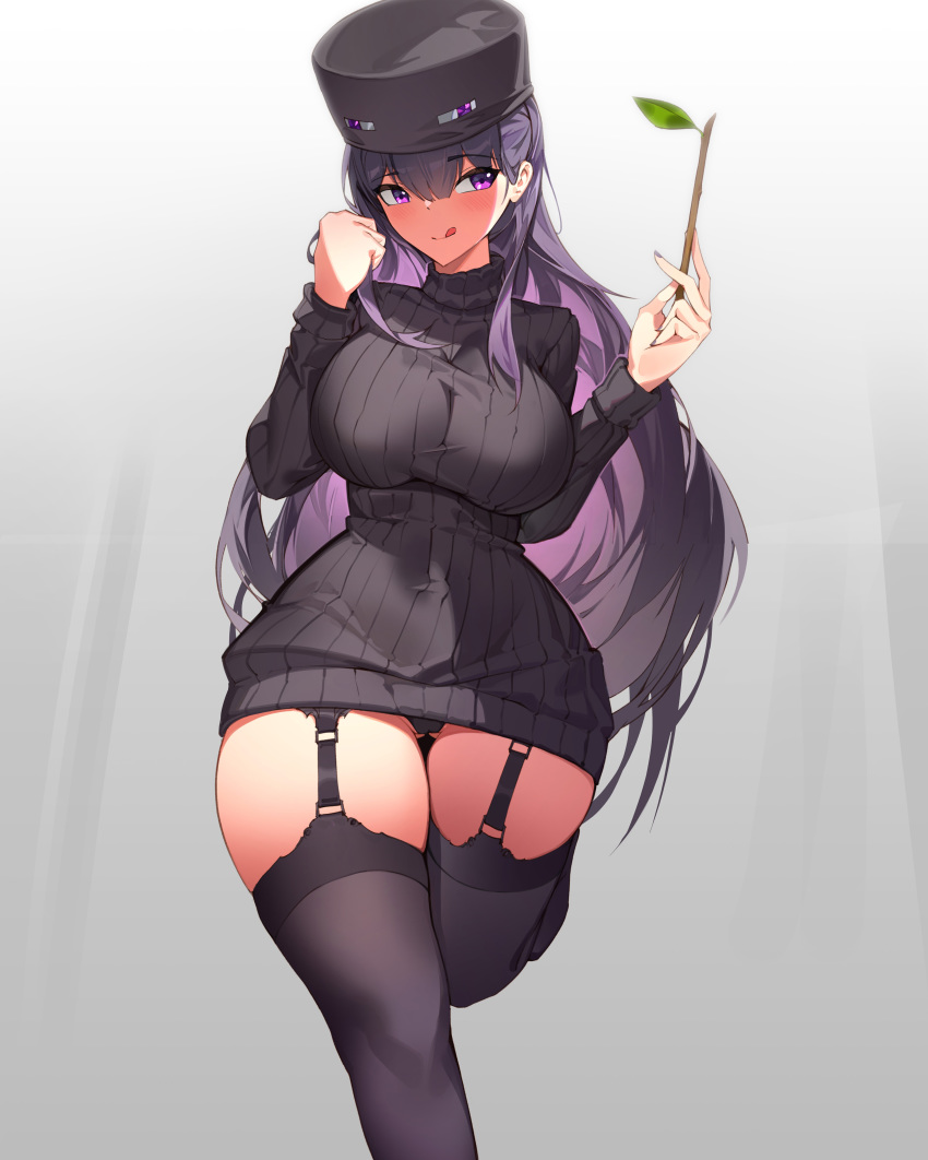 1girl absurdres black_hat black_panties black_sweater black_thighhighs breasts commentary curvy enderman english_commentary garter_straps gradient_background hands_up hat highres holding holding_stick large_breasts long_hair long_sleeves minecraft mixed-language_commentary mob_talker no_pants panties purple_eyes purple_hair ribbed_sweater simple_background solo standing standing_on_one_leg stick sweater thick_thighs thighhighs thighs tongue turtleneck turtleneck_sweater underwear very_long_hair wide_hips yeong_r6