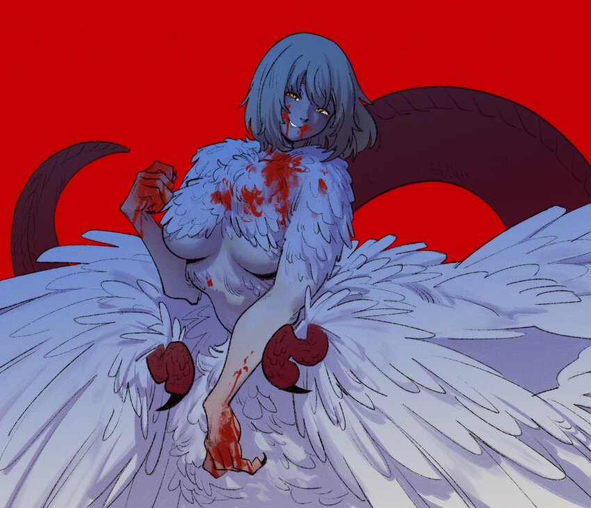 1girl blood blood_on_face blood_on_hands breasts claws commentary dungeon_meshi english_commentary falin_touden falin_touden_(chimera) feathered_wings grin gutalalaman highres looking_at_viewer medium_breasts medium_hair monster_girl red_background scales simple_background slit_pupils smile solo spoilers taur underboob wings yellow_eyes