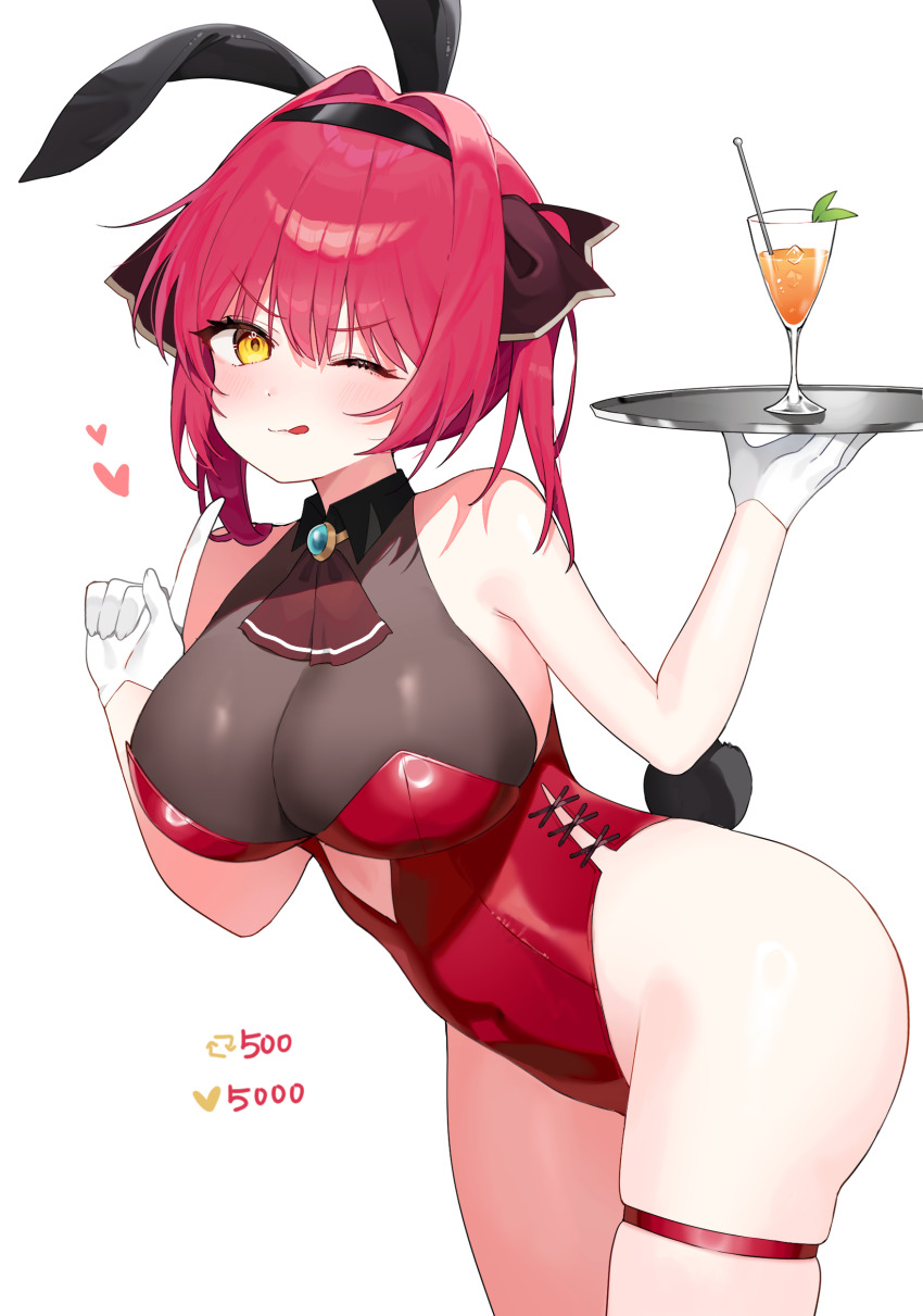 1girl ;q absurdres animal_ears ascot black_gloves black_hairband breasts cocktail cocktail_glass cup drink drinking_glass fake_animal_ears fake_tail gloves hairband heart highres holding holding_tray hololive houshou_marine index_finger_raised large_breasts leotard one_eye_closed playboy_bunny rabbit_ears rabbit_tail red_ascot red_hair red_leotard simple_background solo tail taro_(303_taroo) tongue tongue_out tray virtual_youtuber white_background yellow_eyes