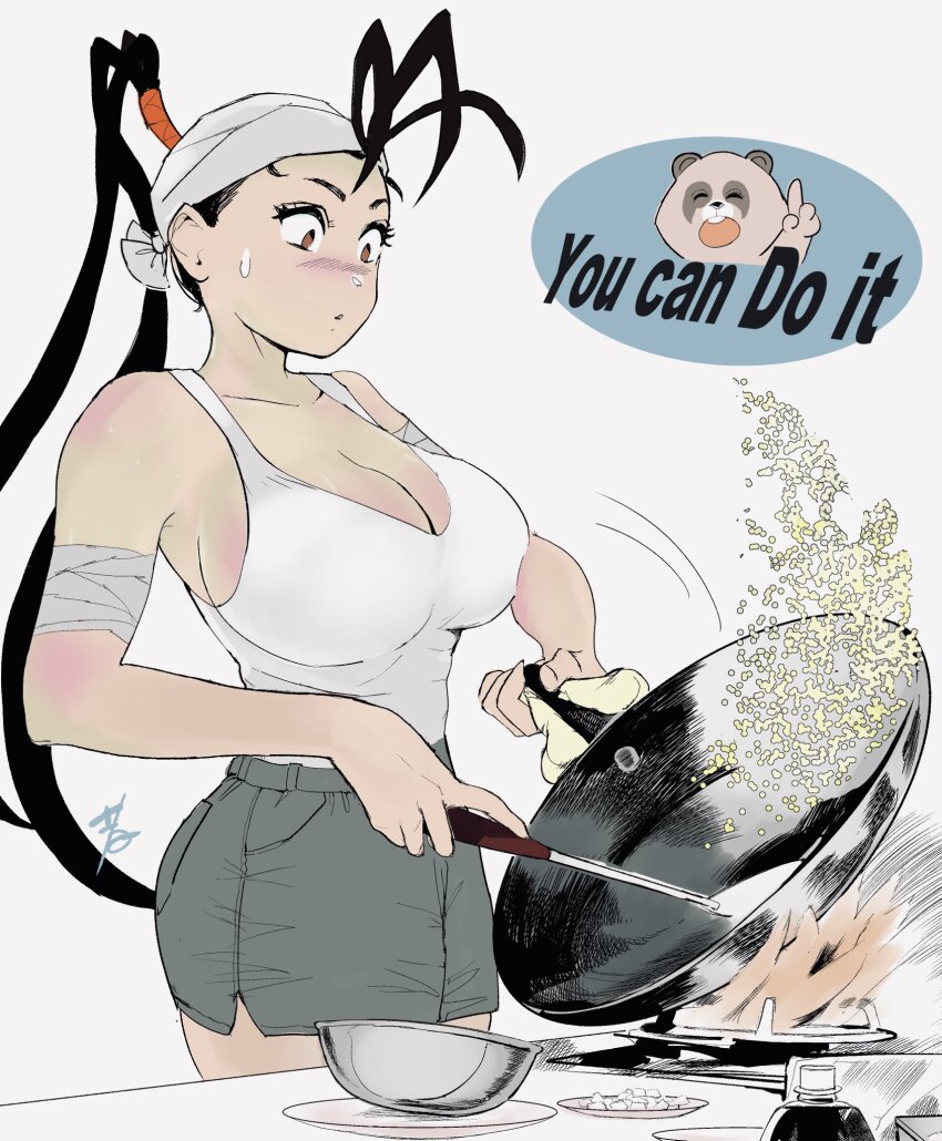 1girl black_hair blush breasts capcom cleavage cooking don_(street_fighter) english_text fire highres hiroshi_mono ibuki_(street_fighter) kitchen large_breasts legs long_hair parted_lips ponytail raccoon rice shirt shorts sideboob sleeveless sleeveless_shirt solo street_fighter sweatdrop thighs