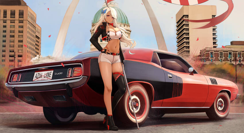 1girl absurdres alternate_costume azur_lane bandeau bare_legs black_jacket boots breasts brooklyn_(azur_lane) car cleavage crop_top cropped_jacket day flag hand_on_own_hip high_heel_boots high_heels highleg highres holding holding_flag jacket kcar66t large_breasts long_hair long_sleeves looking_at_viewer midriff motor_vehicle navel open_clothes open_jacket outdoors panty_straps race_queen red_eyes short_shorts shorts single_thigh_boot solo sports_car stomach strapless thigh_boots thighs tube_top vehicle_request white_hair white_shorts