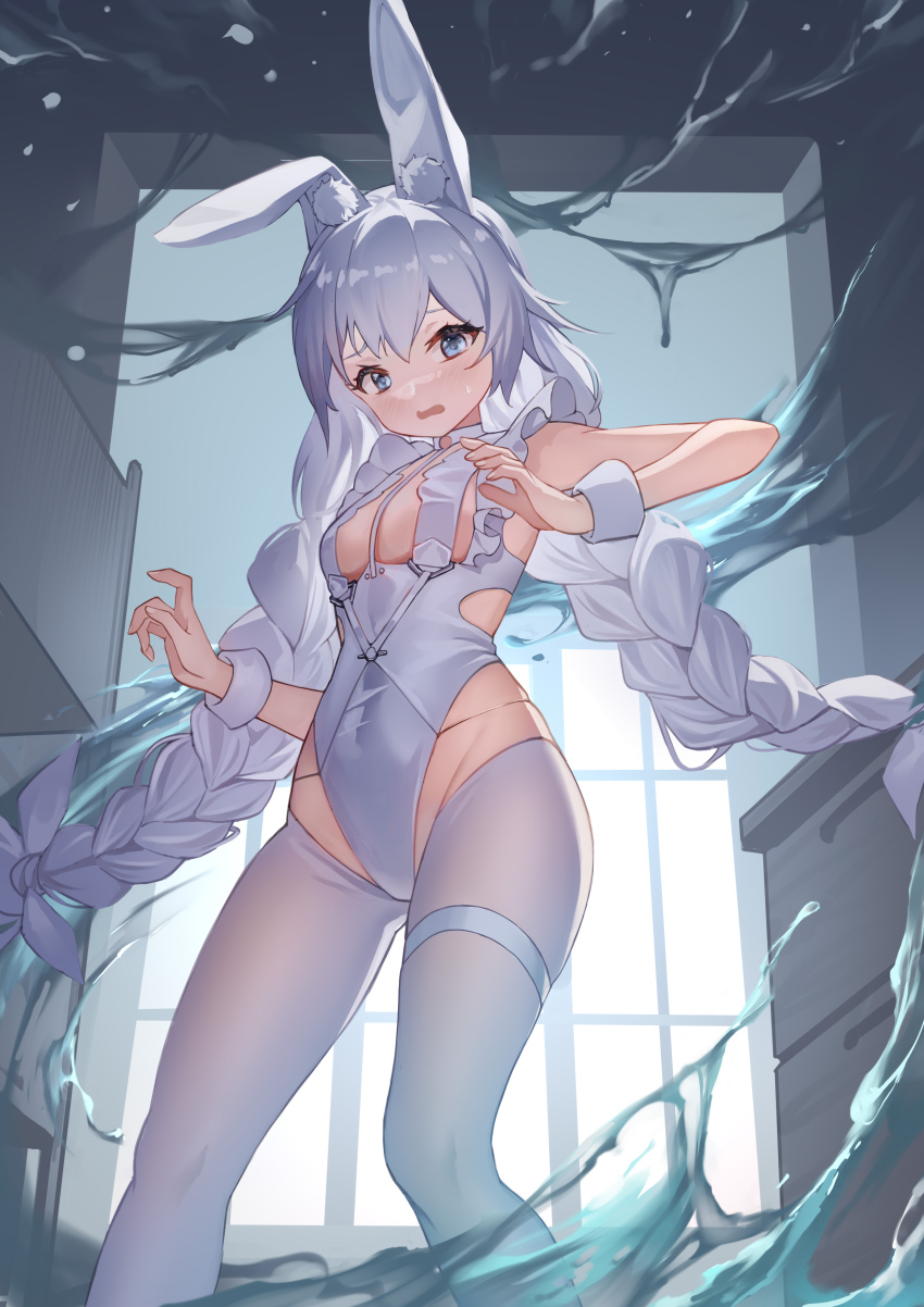 1girl absurdres animal_ears azur_lane blue_eyes bow braid breasts chinese_commentary choker commentary_request covered_navel fake_animal_ears flood hair_bow highres indoors le_malin_(azur_lane) le_malin_(listless_lapin)_(azur_lane) leotard looking_at_viewer low_twin_braids nontraditional_playboy_bunny o-ring o-ring_choker open_mouth pantyhose playboy_bunny rabbit_ears small_breasts solo standing sweatdrop thigh_strap twin_braids water wavy_mouth white_bow white_choker white_hair white_leotard white_pantyhose wrist_cuffs xiaoguolidun