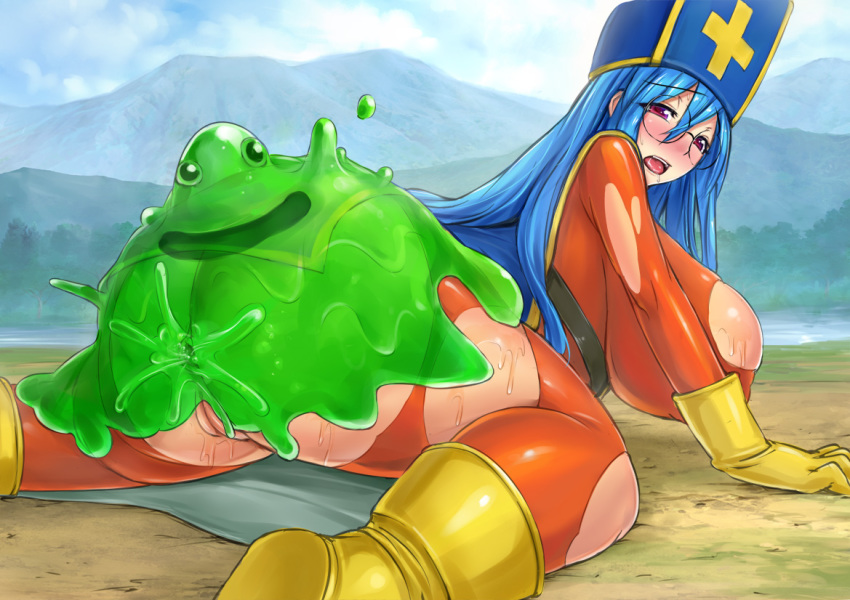 1girl anal anus ass blue_hair bodysuit boots breasts chunsoft cleft_of_venus clothed_sex dragon_quest dragon_quest_iii enix from_behind glasses gloves hat huge_breasts large_areolae long_hair looking_back lying mesiuma_joutai monster no_bra no_panties on_ground on_stomach open_mouth priest_(dq3) puffy_nipples purple_eyes pussy sex slime_(dragon_quest) sweat torn_clothes uncensored