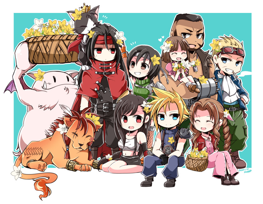 4boys 4girls aerith_gainsborough animal aqua_background armor artist_name ascot bare_shoulders barret_wallace beads beard belt black_fur black_gloves black_hair black_pantyhose black_skirt blonde_hair blue_eyes blue_jacket blue_pants blue_shirt blunt_bangs border braid braided_ponytail breasts brown_belt brown_eyes brown_hair brown_vest cait_sith_(final_fantasy) cape cat center_opening chibi child choker cid_highwind cigarette closed_eyes closed_mouth cloud_strife crop_top cropped_jacket crown dark-skinned_male dark_skin dated dog_tags dress earrings elbow_gloves facial_hair fangs fangs_out father_and_daughter final_fantasy final_fantasy_vii fishnet_thighhighs fishnets flame-tipped_tail flower flower_basket gloves goggles goggles_on_head green_pants grin hair_beads hair_between_eyes hair_flower hair_ornament hair_ribbon headband highres holding holding_flower jacket jewelry kneeling long_dress looking_at_another marlene_wallace medium_breasts midriff mini_crown miniskirt moogle multiple_boys multiple_girls nanao_(zonzonsh) orange_fur orange_gloves pants pantyhose parted_bangs pauldrons pink_dress pink_ribbon prosthetic_weapon puffy_short_sleeves puffy_sleeves red_cape red_eyes red_hair red_headband red_jacket red_xiii ribbon ribbon_choker scar scar_across_eye scar_on_face shirt short_hair short_sleeves shoulder_armor sidelocks single_bare_shoulder single_braid single_pauldron skirt sleeveless sleeveless_turtleneck smile smoke smoking spiked_hair stubble suspenders teeth thighhighs tifa_lockhart turtleneck tuxedo_cat two-tone_fur very_short_hair vest vincent_valentine white_ascot white_border white_flower white_fur white_shirt yellow_flower yuffie_kisaragi