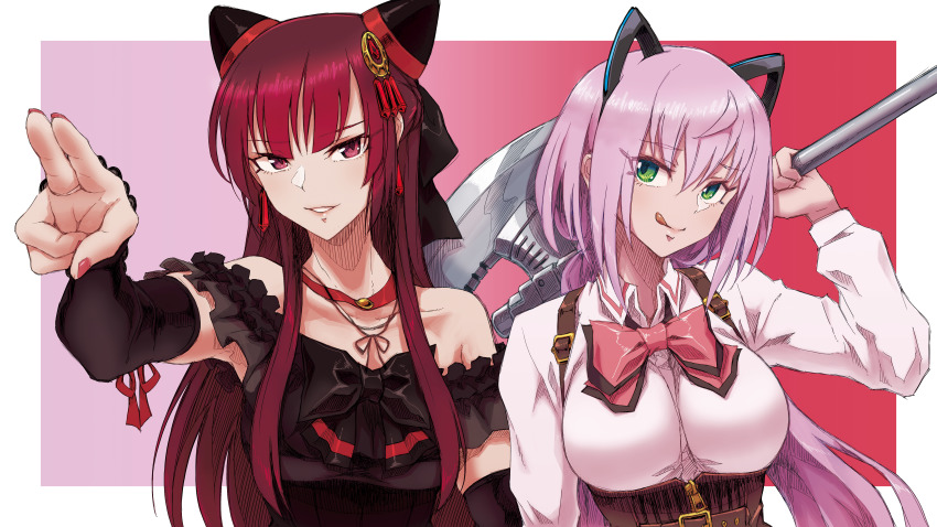 2girls :q absurdres animal_ears arm_at_side assault_lily axe bare_shoulders battle_axe belt belt_buckle black_bow black_dress black_sleeves border bow bowtie breasts brown_belt brown_ribbon buckle cat_ears choker closed_mouth collarbone collared_shirt commentary_request dated_commentary detached_sleeves dress dress_bow earrings fake_animal_ears fingernails frilled_dress frilled_sleeves frills gem gozen_(assault_lily) gradient_background green_eyes grin hair_between_eyes hair_bow hair_ornament hairpods hand_up head_tilt highres holding holding_behind_back holding_weapon holding_weapon_behind_back jewelry long_fingernails long_hair long_sleeves looking_at_viewer low_twintails mabuta_kayumi medium_breasts multiple_girls nail_polish neck_ribbon off-shoulder_dress off_shoulder outside_border outstretched_arm parted_lips pink_background pink_bow pink_bowtie pink_eyes pink_hair pink_nails reaching reaching_towards_viewer red_background red_choker red_gemstone red_hair ribbon ring school_uniform shirt short_sleeves side-by-side sidelocks smile suspenders toda_eulalia_kotohi tongue tongue_out twintails underbust upper_body v-shaped_eyebrows weapon white_border white_shirt zipper_pull_tab