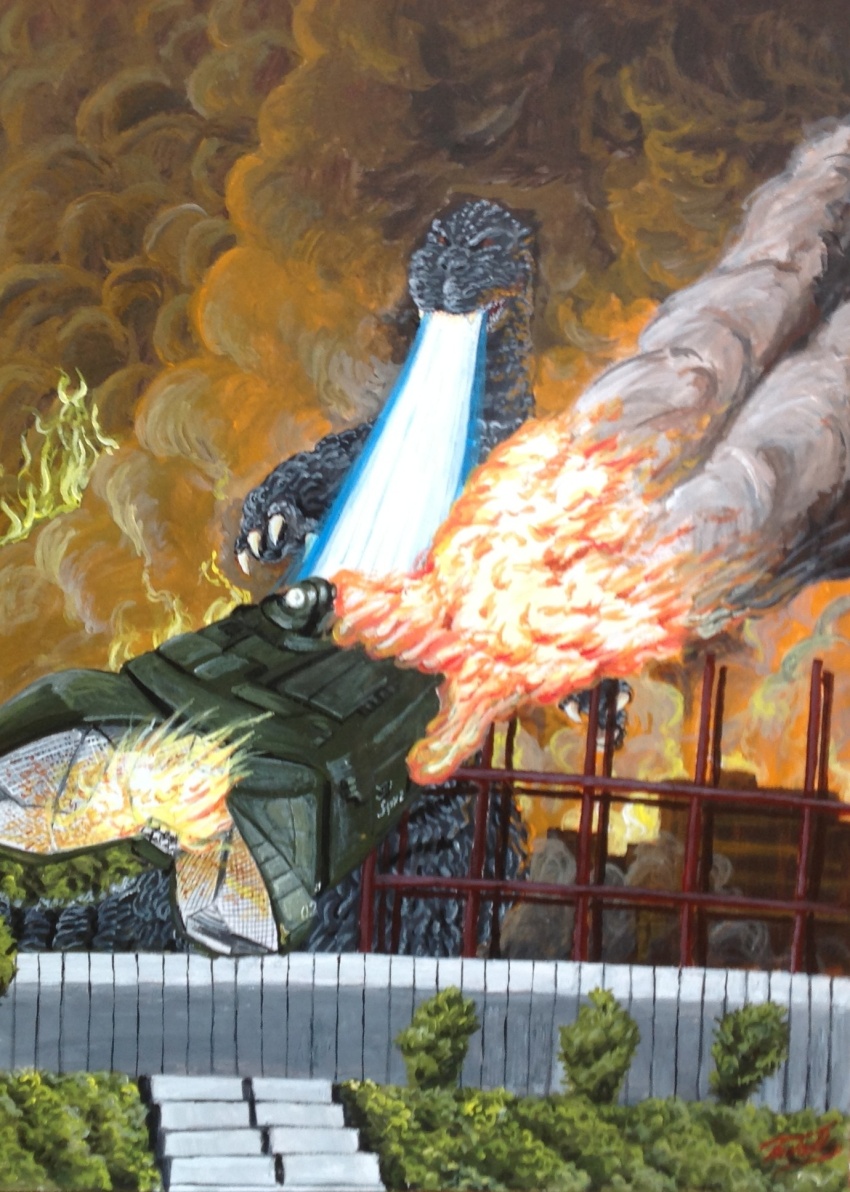 atomic_breath breath_weapon bush construction_site destruction dinosaur drone energy energy_beam explosion fire fire-mirror flying flying_submarine godzilla godzilla_(series) godzilla_vs._biollante grass highres japan_self-defense_force kaiju military mouth_beam night no_humans osaka_(city) plant red_eyes smoke stairs submarine super-x2 thermacabe toho unmanned_aerial_vehicle unmanned_underwater_vehicle watercraft