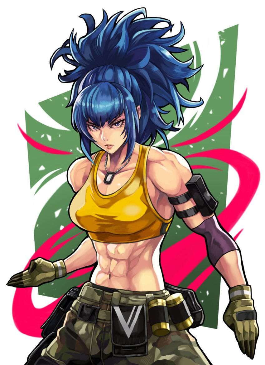 abs arm_pouch blue_eyes blue_hair breasts camouflage camouflage_pants cargo_pants clenched_hand crop_top dog_tags earrings gloves highres jewelry leona_heidern midriff muscular muscular_female navel pants ponytail snk soldier tank_top the_king_of_fighters the_king_of_fighters_xv to-ru triangle_earrings yellow_tank_top