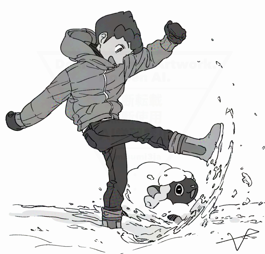 1boy :d boots commentary_request creatures_(company) from_side game_freak gen_8_pokemon greyscale hood hood_down hooded_jacket hop_(pokemon) jacket kicking looking_down male_focus mittens monochrome nintendo open_mouth pants pokemon pokemon_(creature) pokemon_swsh sankaku short_hair smile snow standing standing_on_one_leg wooloo