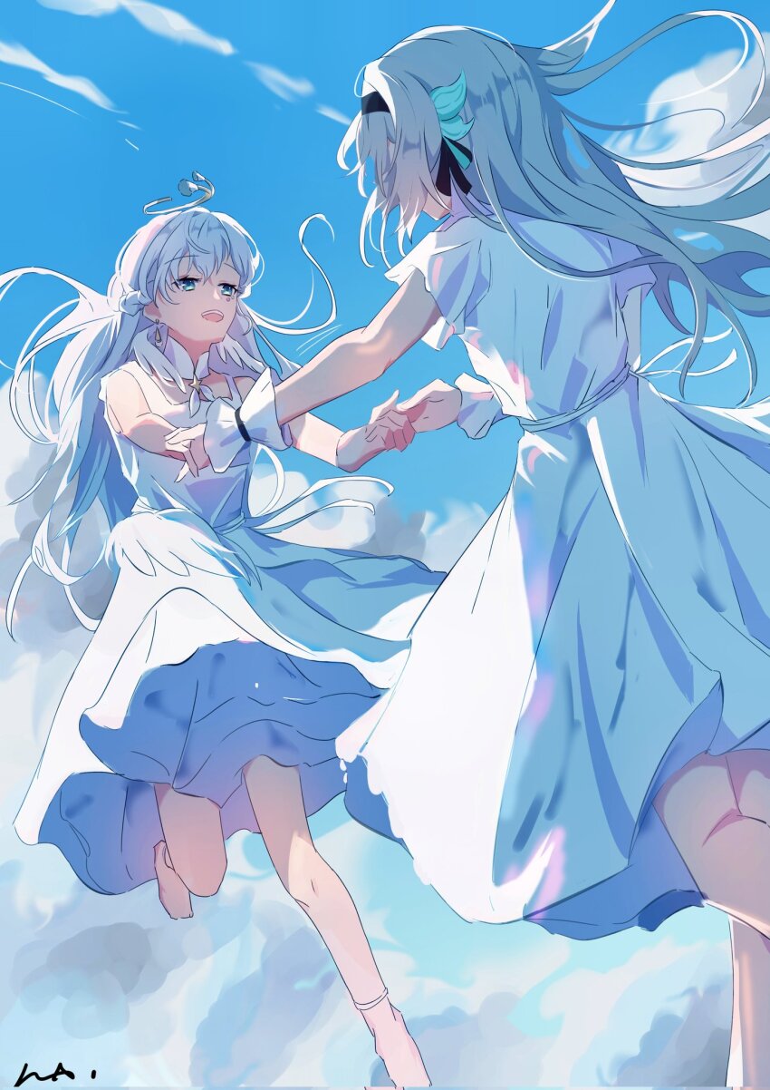 black_hairband black_ribbon blue_hair cloud cloudy_sky collar dress earrings firefly_(honkai:_star_rail) frilled_dress frills grey_hair hair_between_eyes hair_intakes hair_ornament hair_ribbon hairband halo head_wings highres holding_hands honkai:_star_rail honkai_(series) jewel_under_eye jewelry long_hair neckerchief open_mouth pink_socks qingsi ribbon robin_(honkai:_star_rail) short_sleeves sky smile socks star_(symbol) teeth upper_teeth_only waist_ribbon white_collar white_dress white_neckerchief white_ribbon white_wrist_cuffs wings wrist_cuffs