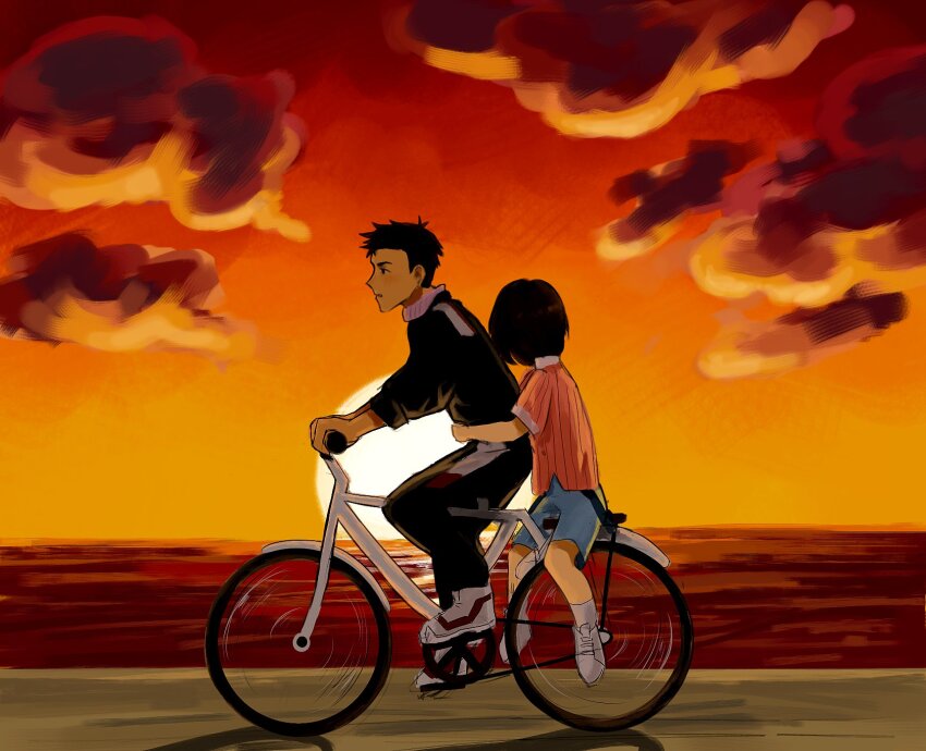 1boy 1girl bicycle black_hair brother_and_sister brown_hair evangelion:_2.0_you_can_(not)_advance full_body highres holding hug hug_from_behind jacket neon_genesis_evangelion rebuild_of_evangelion riding riding_bicycle siblings sun sunset suzuhara_sakura suzuhara_touji track_jacket water