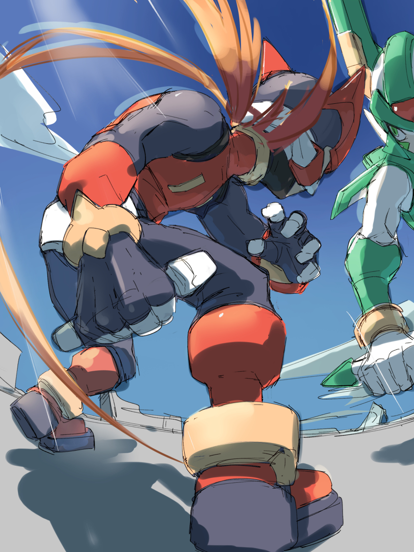 2boys armor blonde_hair facial_mark forehead_jewel green_armor green_helmet helmet highres holding long_hair male_focus mega_man_(series) mega_man_zero_(series) multiple_boys omochi_(mochi_skymega) red_armor red_helmet sage_harpuia_(mega_man) solo_focus standing z_saber zero(z)_(mega_man) zero_(mega_man)