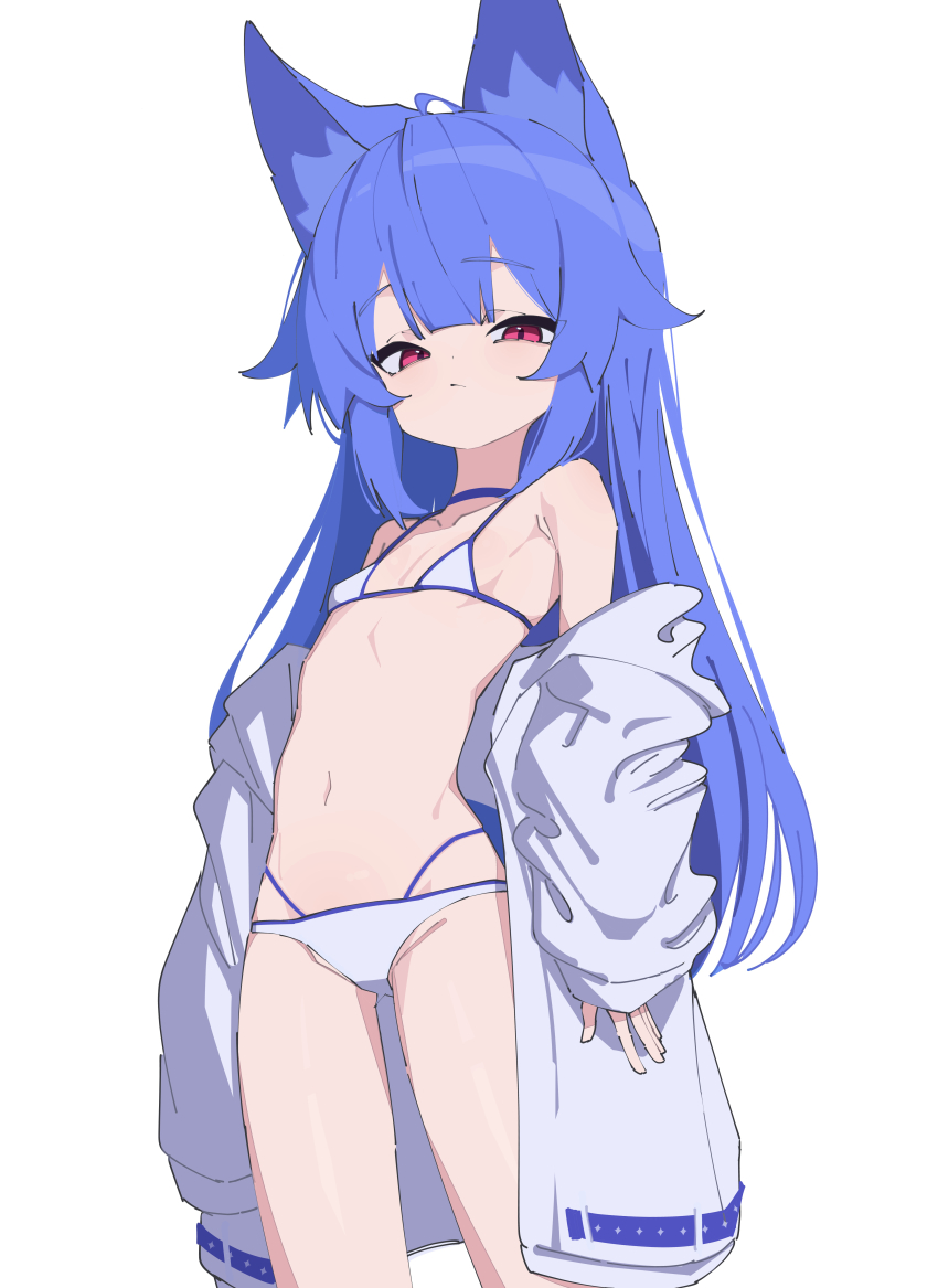 1girl absurdres animal_ears bikini blue_choker blue_hair choker fox_ears hair_between_eyes highres jacket long_hair looking_at_viewer miya_(myakuro) myakuro navel open_clothes open_jacket original red_eyes simple_background solo standing swimsuit white_background white_bikini