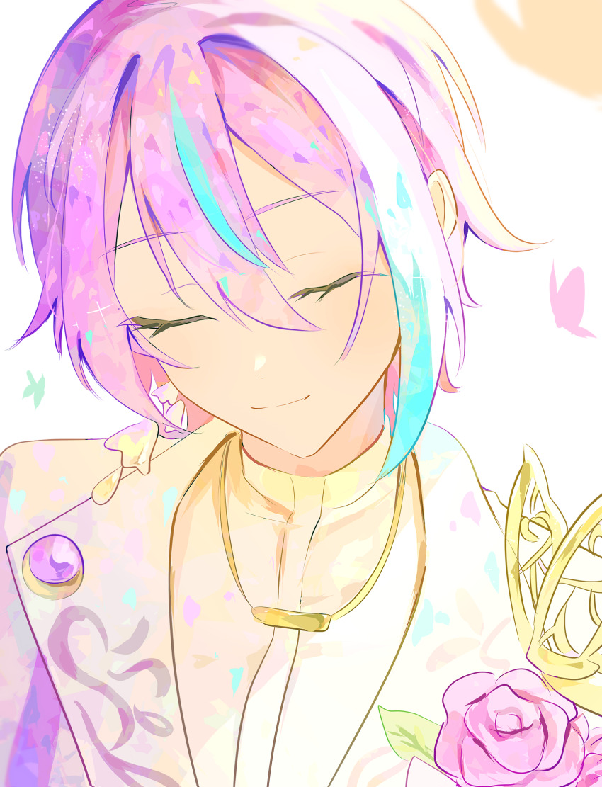 1boy closed_eyes closed_mouth collared_shirt flower hair_between_eyes highres jacket jewelry kamishiro_rui long_sleeves male_focus multicolored_hair narumi_kanata necklace project_sekai purple_hair shirt short_hair smile streaked_hair two-tone_hair white_background white_shirt