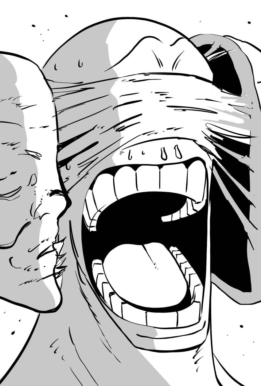 1boy aging_devil_(chainsaw_man) chainsaw_man demon enel enel_face_(meme) greyscale highres jaw_drop male_focus meme monochrome one_piece open_mouth rinneko_art simple_background snot solo surprised teeth tongue white_background