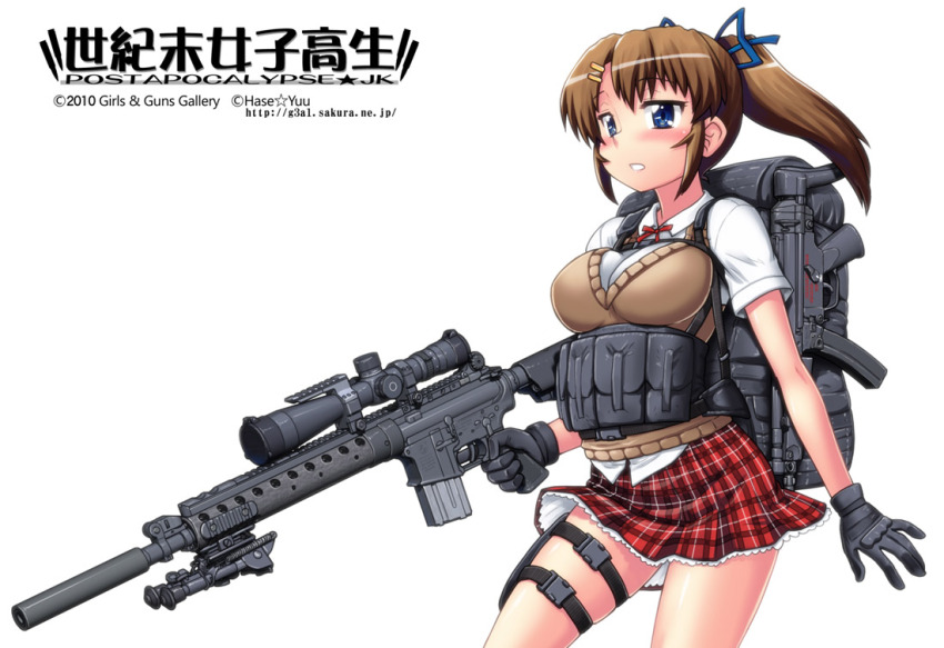 1girl 2010 artist_name backpack bag bipod black_gloves breasts brown_sweater_vest commentary_request gloves gun h&amp;k_mp5 hase_yu large_breasts miniskirt original plaid_clothes plaid_skirt ponytail pouch scope skirt solo submachine_gun suppressor sweater_vest taric thigh_pouch translation_request trigger_discipline watermark weapon web_address