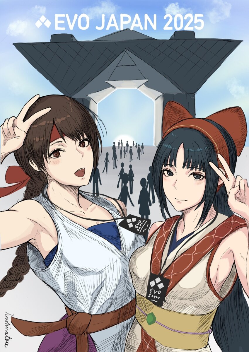 2girls ainu_clothes armpit_peek artist_name black_eyes black_hair braid braided_ponytail breast_press breasts brown_eyes brown_hair crowd evolution_championship_series fingerless_gloves gloves hair_ribbon headband highres japanese_clothes legs long_hair looking_at_viewer medium_breasts multiple_girls nakoruru open_mouth ribbon ryuuko_no_ken samurai_spirits sideboob smile snk spandex teeth thighs tongue v yuri_sakazaki