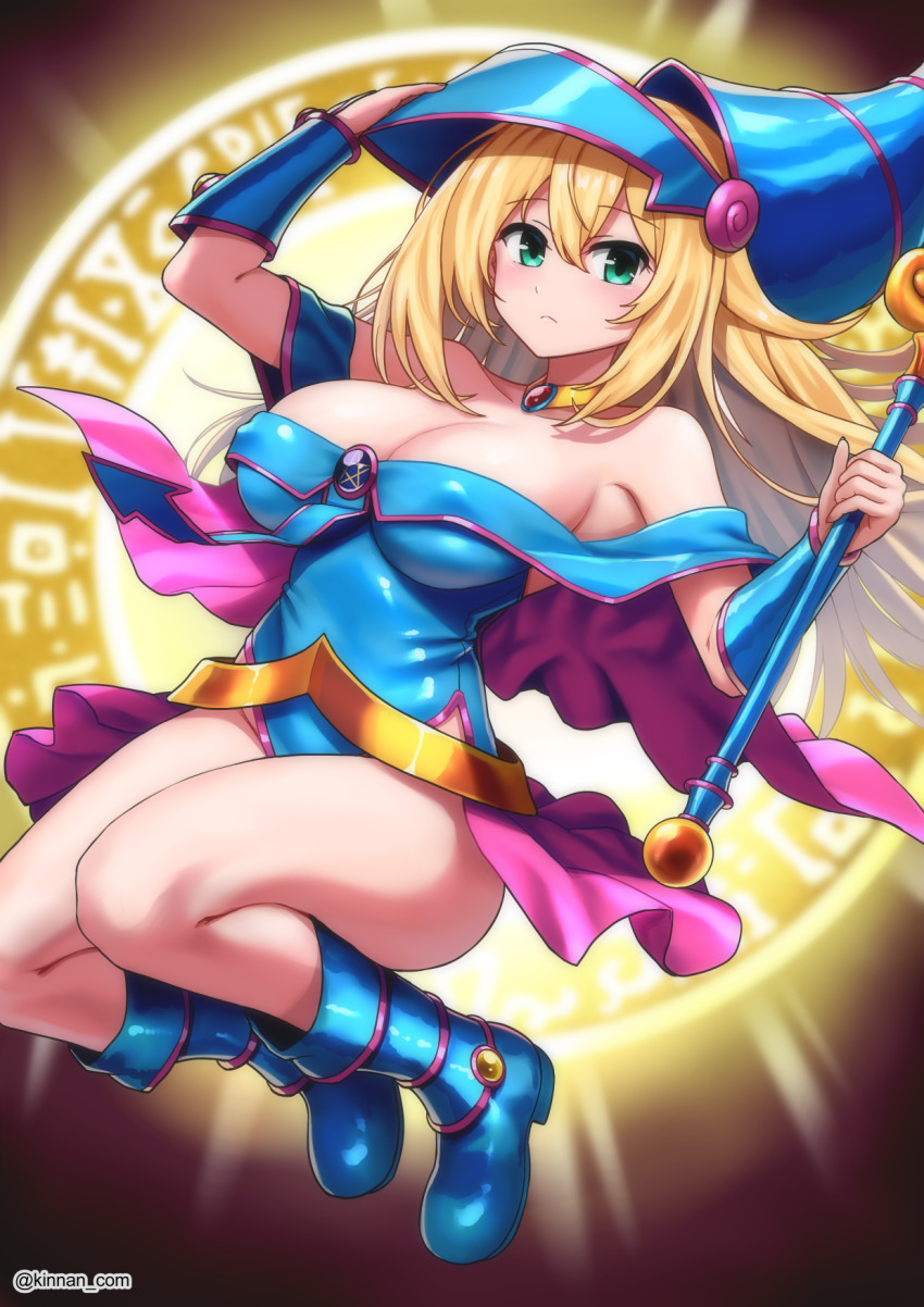 1girl bare_shoulders blonde_hair blue_boots blue_hat blush boots breasts cleavage collarbone dark_magician_girl duel_monster green_eyes hair_between_eyes hat highres holding holding_wand kinnan large_breasts looking_at_viewer magic_circle revision solo wand wizard_hat yu-gi-oh!