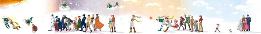 6+boys 6+girls absurdres age_progression aged_down aged_up baby blonde_hair bubble caesar_anthonio_zeppeli child cloud dark-skinned_male dark_skin dog erina_pendleton everyone family gakuran george_joestar_ii hat headband higashikata_josuke highres hirose_koichi iggy_(jojo) jean_pierre_polnareff jojo_no_kimyou_na_bouken joseph_joestar joseph_joestar_(old) joseph_joestar_(young) kakyoin_noriaki kishibe_rohan kuujou_holly kuujou_joutarou lisa_lisa long_hair long_image midriff mohammed_avdol multiple_boys multiple_girls nijimura_okuyasu old old_man old_woman pompadour purple_hair robert_e._o._speedwagon rudolph_von_stroheim ryouma_(888) scarf school_uniform shizuka_joestar smokey_brown suzi_q wide_image yamagishi_yukako