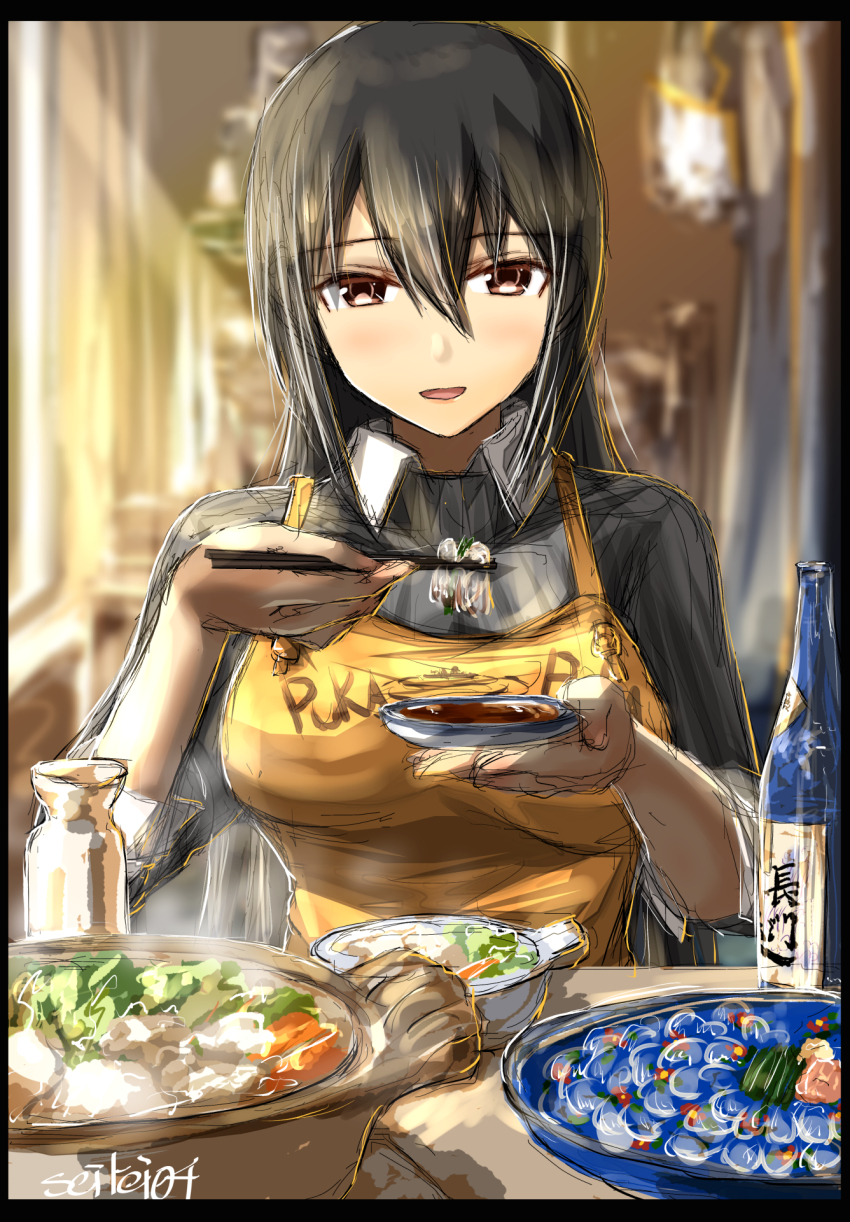 apron black_hair border breasts brown_eyes food food_focus highres kantai_collection long_hair looking_at_viewer meal medium_breasts nagato_(kancolle) open_mouth puka_puka seitei_(04seitei) sketch solo upper_body yellow_apron
